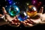 Placeholder: kundalini, connected to the universe, few colours of galaxy, holding galaxies in few hands in glass balls,