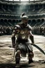 Placeholder: A white male muscular armored Gladiator in the dusty filled arena of ancient Rome . He has a special Celtic armor on. He is wearing no helmet. He has battle scars. He is holding a broadsword.He is victorious over many. He is facing straight ahead. There are body’s of other vanquished gladiators laying lifeless on the ground around him.