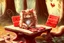 Placeholder: a contented long-haired cute beige kitten with big headphones on its head sits on a red bench in the woods, musical notes emanating dynamically from the headphones, mice sitting in front of the bench playing cards in the sunshine