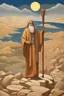 Placeholder: Moses stands on a mountain and holds a wooden staff, at his feet are fragments of stone tablets on which the 10 commandments were written, and below is a valley with the cities of Palestine of sands, tents and mountains. There is a silhouette of God in the sky. Everything is painted in oil painting with high-quality drawing of details