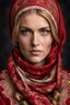 Placeholder: portrait a dark blonde young married woman in authentic Hungarian sárköz folk red woman headscarf , look at the camera, high realistic, high qulity, detailed, sad, beauty, perfect photo