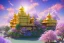 Placeholder: gold and pink crystal indian PALACE on the mountain,swanns,waterfall, BLUE LAKE, SWANNs,fuksia bugainvillier flowers, jacaranda violet trees, sky pink blue, full of details, smooth, bright sunshine，soft light atmosphere, light effect，vaporwave colorful, concept art, smooth, extremely sharp detail, finely tuned detail, ultra high definition, 8 k, unreal engine 5, ultra sharp focus