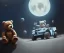 Placeholder: little boy and big teddy bears on moon. drifting in old bmw. oil on canvas