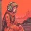 Placeholder: Moebius style scifi pilot girl with headphones, pilot helmet and exosuit sitting in a starship cockpit with solid earthy colors with a desert and dusty station in the background