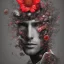 Placeholder: portrait of man with an exploding flower and butterflies inside his face, highly detailed black and white with red accents, digital painting.