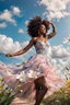 Placeholder: The camera zooms in, focusing sharply on very beautiful black girl with make up Lily wearing pretty dress as she dances gracefully in the same romantic environment with flowers and sky with nice clouds. Her joy and youth are presented against the backdrop of the surreal surroundings.