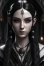 Placeholder: Young female high elf noble wizard with Sharpe elf ears dark black eyes and very pale skin long jet black hair with braids in, photo realisim fantasy dungeon and dragons