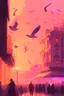 Placeholder: sunset, light pink, light orange, light yellow, light violet, buildings, city, people, market, houses, streets, lamps,birds