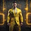 Placeholder: Hyper Realistic handsome muscular Electric-Superhero wearing fancy yellow tuxedo in a dark-rustic-circuit-room with electric-sparks & a massive circuit-board-wall