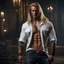 Placeholder: handsome warrior king, muscular, long blonde hair, male age 30, wearing jeans and a white buttonup shirt, tan skin, tattoos,photorealistic 4k dark fantasy