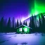 Placeholder: analog film minimal liminal icy cabin front elevation squared off and centered with icy trees behind and purple green aurora borealis - foreground is simple snowy plain