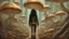 Placeholder: woman with black hair, in light brown leather trousers and jacket, walking through a forest of Alien mushrooms with jellyfish tentacles, photorealistic, Deep Colour, Intricate Detail, Dune