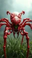 Placeholder: A dynamic front view showcasing the fusion of organic and bones elements, depicting a fully red bones-spider , Its intricate mechanisms are driven by interlocking blade and complex mechanical blade embedded throughout its glass frame. mist-grass eating leaf