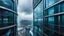 Placeholder: medium shot photo from high-tech futuristic office building between in big clouds , glass and metalic walls, tall, cyberpunk, blue, and dark colors, cold colors, high detalied, shapr focus, sci-fi mood