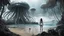 Placeholder: Detailed matte painting of a wide-angle shot of a woman, standing on the right side of an alien beach, with dark hair in a silver robotic catsuit, many large floating jellyfish with octopus tentacles, alien jungle trees in the distance