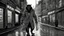 Placeholder: Werewolf with a Chinese menu in his hand, walking through the streets of Soho in the rain. Illustration.