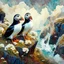 Placeholder: Create an oil painting depicting two puffins perched on rock cliffs in Iceland with tiny white wildflowers growing around them. Modifiers: elegant intricate beautiful colourful Zdzisław Beksiński acrylic art abstract watercolor Fractal Henri Matisse Paul Klee mysterious Victo Ngai warm light watercolor ink beautiful elegant intricate