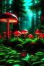 Placeholder: Swamp land area, swamp trees, giant mushrooms, shrubbery, hyperrealistic, light rays, photographic, anatomically correct giant red mushrooms, giant mario mushrooms photorealistic version, swamp, colorful swamp, neon plants, neon mushrooms on the ground, dark with light rays, dark with light form neon mushrooms and neon flora, dense vegitation
