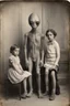 Placeholder: 1900's black and white vintage photo, interior, grey alien human hybrid creature with a family that is sad, captured on square format film, grainy, aged