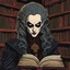 Placeholder: museum quality color woodcut of a scholarly Nosferatu female vampire with highly detailed hair and facial features in a library filled with dusty ancient tomes, in the style of Gustave Baumann, with a fine art , graphic novel aesthetic, highly detailed, finely cut ,8k render,