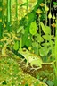 Placeholder: A pale greenish yellow rainforest with toxic frogs painted by Gustav Klimt