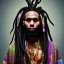 Placeholder: a black man with long dreadlocks and a large unkempt beard. He has scars all over his face and has a large colorful robe.