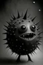 Placeholder: Solid spherical creature, four black eyes, very small smiling mouth, lighting body, The creature is gray iron, without dots, without thorns, wearing worrier shoes, smoke from the head, high details, stunning realistic photograph