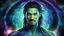 Placeholder: beautiful gorgeous young man na'vi with long hair, Avatar, blue skin, two small ears, green eyes, black hair, in cosmic suit, galactic ambiance, medium pointy goatee , smiling, nebulas and sacred geometry light figures on the backgroud,