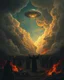 Placeholder: Bosch painting style, nightmare , people suffering in hell , dramatic, great quality picture with cinematic scenes , show a UFO among the heavy clouds in the background