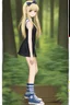 Placeholder: General Fast V2 (Flux), Create a realistic image of a female with long, straight blonde hair, the bangs cut straight across the forehead, hazel eyes, wearing a sleeveless, strapless, blue and white-striped nylon extremely short mini dress with a plunging neckline, knee high white socks and black converse tennis shoes, happy facial expression