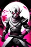 Placeholder: The character, depicted in a striking white armour against a dark wintry backdrop with accents of pink, stands prominently within the scene, accompanied by a red and black circular symbol of significance, a black pointed spear with a red handle. His eyes are showing a dynamic yet menacing expression and he wears a black oni mask with white teeth covering the bottom part of his mouth he has brown shoulder pads and a white karate belt with a bag attached to it. He has dark brown hair and is asian.