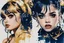 Placeholder: Poster in two gradually, a one side the Singer Danish MØ face and other side the Singer Melanie Martinez face, painting by Yoji Shinkawa, darkblue and gold tones,