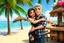 Placeholder: 3D video game characters, a brown-haired blue-eyed plus sized woman in a black dress with white and pink flowers hugging a short silver haired thin man with brown eyes, wearing blue-white-black checkered shirt and jeans at the beach in sunshine, tiki bar, cocktails, hearts, waterfall, happiness