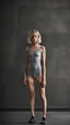 Placeholder: beautiful anorexic woman, total shot, short grey metallic triathlon swimsuit, short blond wavy bob hair, blurred concrete background