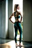 Placeholder: photograph of skinny caucasian woman, satin yoga pants, fashion photography, standing, shoulders back, bright daylight, sweaty skin, concrete, 80 mm lens, dof, raw