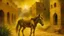 Placeholder: A Renaissance oil painting style depicting a golden aura surrounding a donkey in the ancient city of Babylon