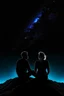 Placeholder: black background on a mountaintop with two silhouettes of a fit man and a silhouette of a fit woman sitting close to each other almost touching looking at the stars