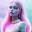 Placeholder: A portrait of a crystalised girl,smiling, laughting longs thin hairs white , atmospheric, realistic,, cinematic lighting, octane render,, pink turquoise light, white skin, pink atmosphere