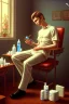 Placeholder: A young man sitting on a chair giving himself an injection, medicines and drugs on the table next to him, 8k, finely detailed, photo realistic,The scene is from the 1990's .