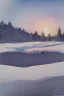 Placeholder: Rolling hills, lake, winter, snow, sunrise Modifiers: smooth intricate high definition beautiful lighting pencil sketch watercolor polished warm light watercolor and ink LNF