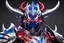 Placeholder: silver and crimson lightning raijin knight, blue eletric horns that sprout forwards, a silver mask that covers the lower face