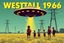 Placeholder: bumper sticker design, westall large flat ufo, in bold heading text "WESTALL 1966", lots of school children looking up in a field with hd high voltage powerlines and gumtree's, mysterious cool, bold