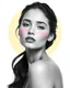 Placeholder: Black-and-white portrait of a graceful woman with soft pink brush strokes on her face, minimalist aesthetic with a light yellow halo behind her, isolated on a white background, high contrast for an artistic commercial vibe., With Copy space