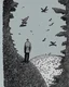 Placeholder: a alone man. pen and ink ,birds eye view, illustrated by hergé, Background space