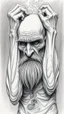 Placeholder: highly detailed graphite illustration, A surreal elderly figure with exaggerated anatomical features, holding his arms up heavily wrinkled skin, and an intense, contemplative expression. bald head, thick eyebrows, long beard merge into swirling abstract shapes. Large, other gripping the forehead tensely. Mysterious, introspective, dreamlike, somewhat dark fantasy. #𝙙𝙧𝙚art #prompt