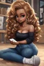 Placeholder: Create a furturism magna art of a black chibi curvy female sitting on the floor looking at her cell phone. She is wearing tight blue jeans and a black off the shoulder blouse. Prominent make up with lush lashes. Highly detailed wavy ombre blonde and brown long hair. She is also wearing silver large hoop earringsart of a black chibi curvy female sitting on the floor looking at her cell phone. She is wearing tight blue jeans and a black off the shoulder blouse. Prominent make up with lush lashes.