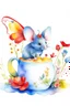 Placeholder: Prompt: Create a watercolor-style image of a CGI female mouse with fairy wings holding a red heart, standing by a shiny English blue and white china pot shaped like a coffee pot, amidst colorful wildflowers, with a butterfly nearby, aiming for a storybook aesthetic with a