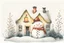 Placeholder: Christmas illustration, whimsical, detailed, warm colors, grainy texture, subject: snowman in a snowy garden, house with lights, white background