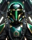 Placeholder: star wars bald male corellian pilot wearing black and bright gasoline green First Order special forces TIE pilot commando armored flightsuit and helmet with gold trim inside the jedi temple, centered head and shoulders portrait, hyperdetailed, dynamic lighting, hyperdetailed background, 8k resolution, volumetric lighting, light skin, fully symmetric details