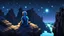 Placeholder: Minecraft Character, minecraft theme, purple starry sky, meditating, facing back, wearing gown, minecraft style, in between two cliffs,